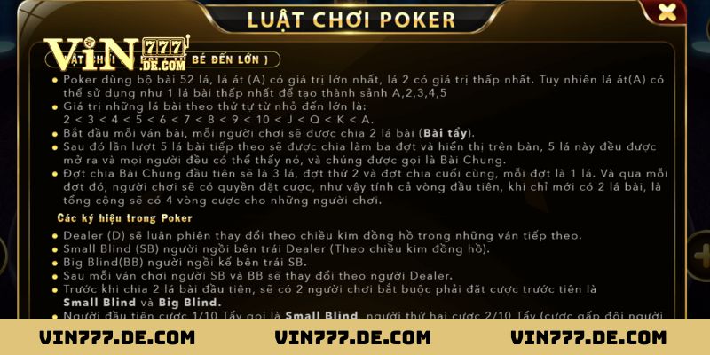 Poker Vin777 - Nắm Vững Thuật Ngữ, Cách Chơi Chuẩn 2025 2 Sơ lược về game Poker của nhà cái Vin777