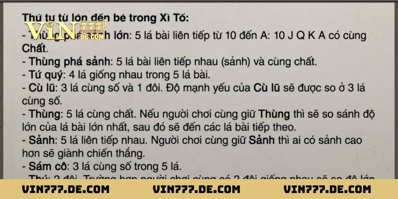 Xì Tố Vin777 - Luật Chơi, Cách So Bài Từ Mạnh Đến Yếu 3 Cần biết thứ tự mạnh đến yếu của các tay bài để tính điểm Xì Tố