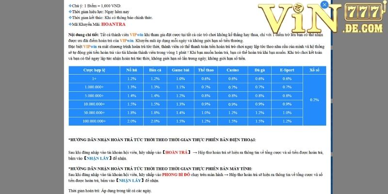 Hoàn trả tức thời không giới hạn 2% cược ngay nhận liền tay 3 Hoàn trả tức thời không giới hạn 2% cược ngay nhận liền tay