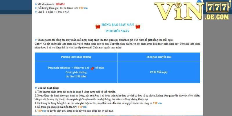 Hồng bao may mắn phát thưởng mỗi ngày tại VIN777 - Cơ hội trúng lớn 3 Hồng bao may mắn phát thưởng mỗi ngày